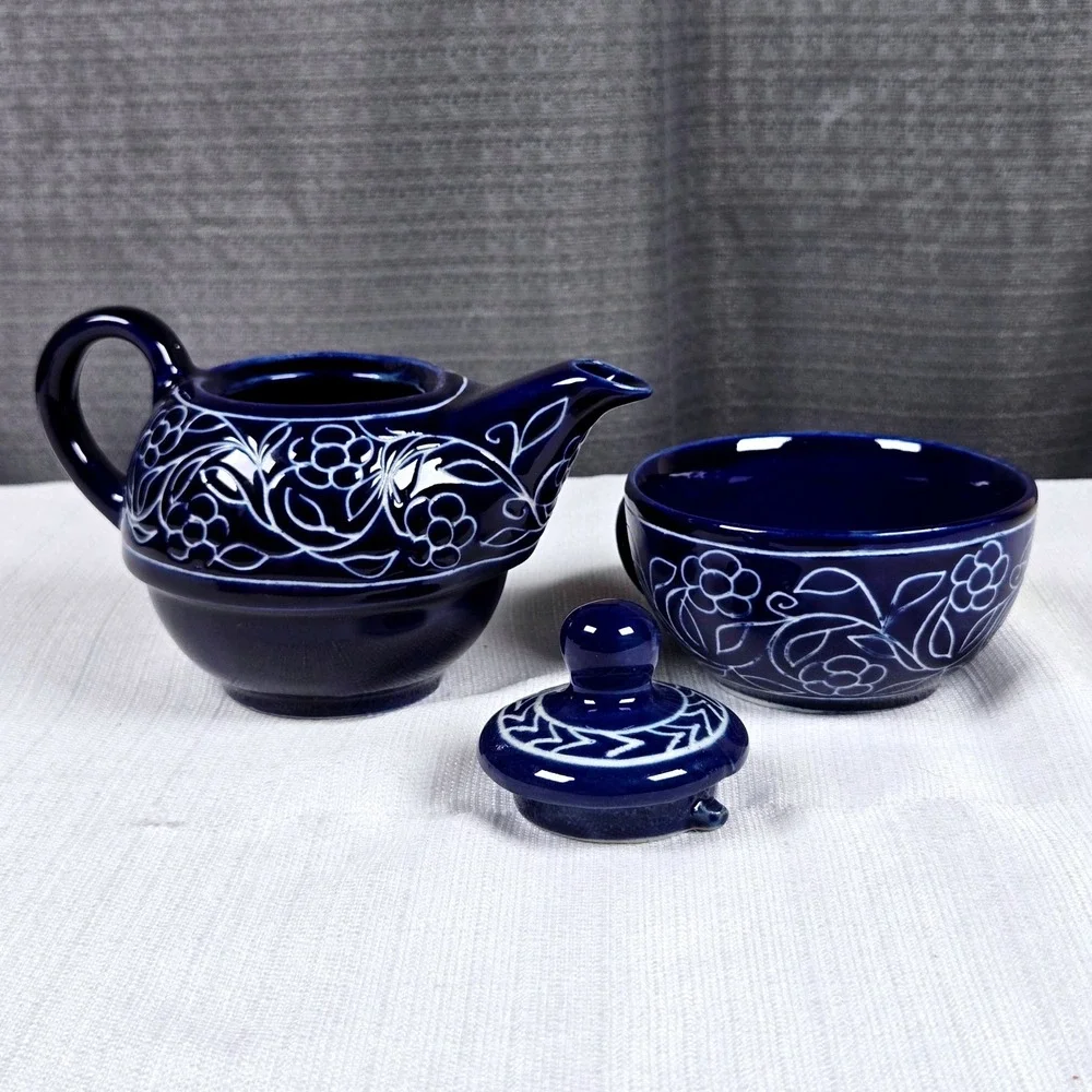 Nesting Teapot and Mug For One Single Serve Set Cobalt Blue White Etched Design